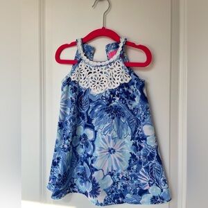 Lilly Pulitzer Blue and White Floral Halter Dress with Crochet Detail